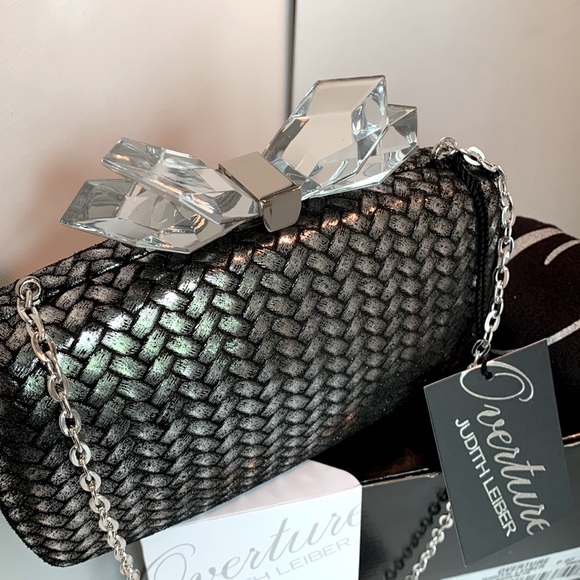 Judith Leiber Overture Hard Shell Woven Silver Black Leather Lucite Bow Clutch - Picture 10 of 16